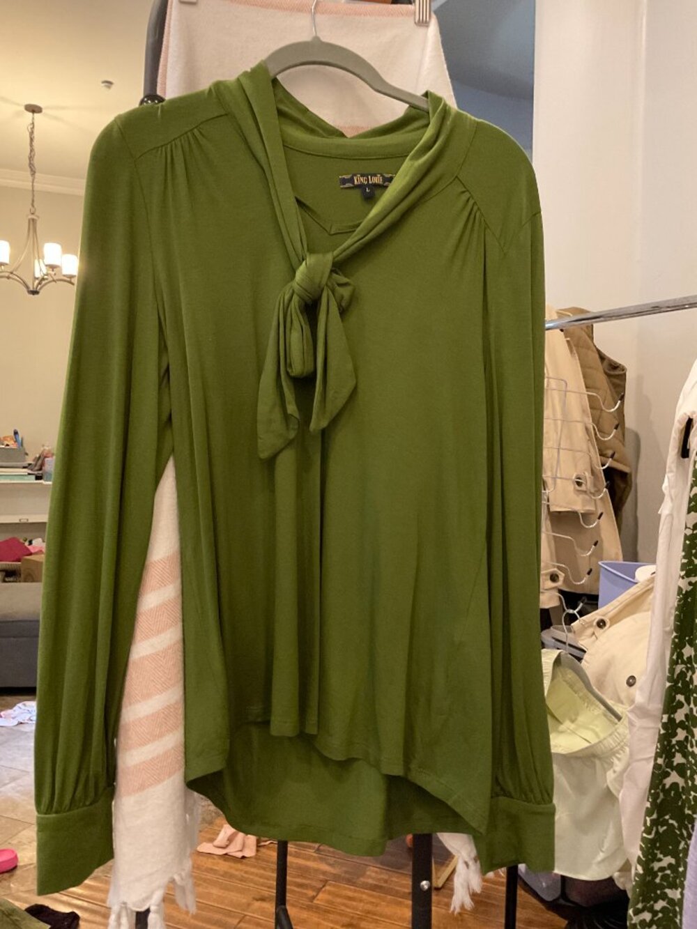 French King Louie Olive Green Tie-Neck Long Sleeve Blouse | L